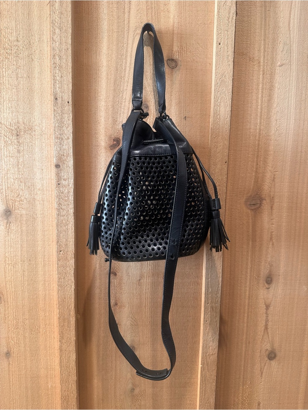 Loeffler Randall Industry Black Leather Perforated Drawstring Bucket Bag - Picture 2 of 12
